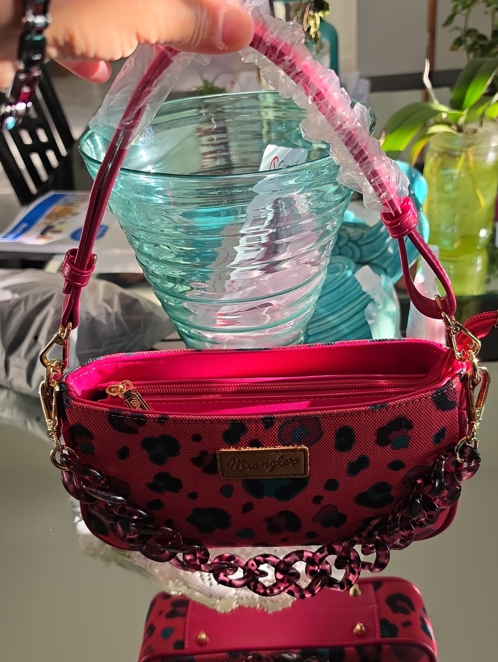 Wrangler Hot Pink Leopard Print Shoulder Bag with Teal Spots
